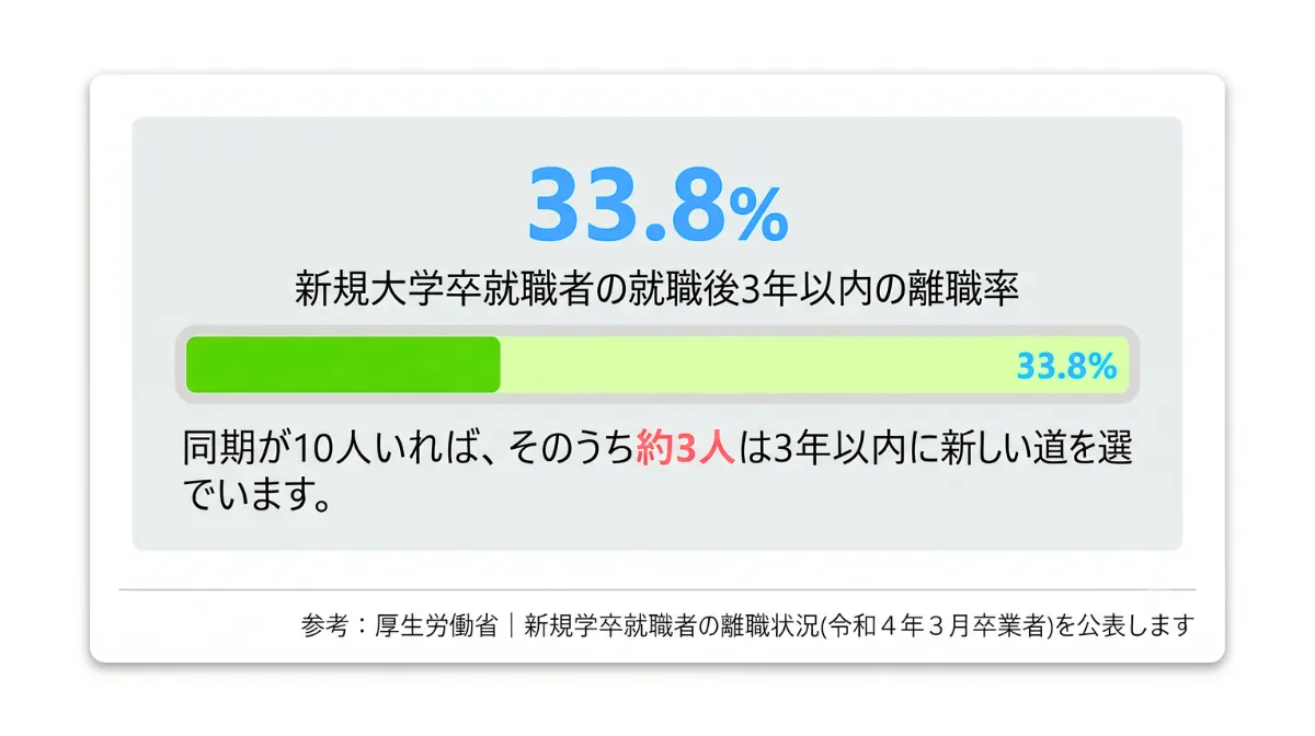 /* 全体的なコンテナのスタイル */
.infographic-container {
font-family: 'Segoe UI', Arial, sans-serif;
color: #333;
max-width: 800px;
margin: 0 auto;
padding: 20px;
background-color: #ffffff;
box-shadow: 0 4px 12px rgba(0, 0, 0, 0.08);
border-radius: 12px;
line-height: 1.6;
overflow: hidden; /* アニメーションのため */
position: relative;
}
/* セクション見出し */
.infographic-section-title {
font-size: 22px;
font-weight: 600;
color: #34495e;
margin-top: 15px; /* タイトルがなくなったため、上のマージンを調整 */
margin-bottom: 15px;
border-left: 5px solid #3498db;
padding-left: 10px;
}
/* テキスト段落 */
.infographic-paragraph {
font-size: 16px;
margin-bottom: 15px;
color: #555;
}
/* 強調テキスト */
.infographic-highlight {
font-weight: 700;
color: #e74c3c;
}
/* データ表示エリア */
.data-section {
background-color: #ecf0f1;
border-radius: 8px;
padding: 20px;
margin-top: 25px;
text-align: center;
}
/* データ数値 */
.data-number {
font-size: 48px;
font-weight: 800;
color: #2980b9;
margin-bottom: 5px;
display: block; /* 中央揃えのため */
}
/* データ説明 */
.data-description {
font-size: 18px;
font-weight: 600;
color: #34495e;
margin-bottom: 15px;
}
/* プログレスバーのコンテナ */
.progress-bar-container {
width: 80%;
max-width: 400px;
height: 30px;
background-color: #ddd;
border-radius: 15px;
overflow: hidden;
margin: 20px auto 10px auto;
position: relative;
}
/* プログレスバー本体 */
.progress-bar {
height: 100%;
width: 0; /* 初期状態は0% */
background-color: #2ecc71; /* 離職率の色 */
border-radius: 15px;
text-align: right;
line-height: 30px;
color: #ffffff;
font-weight: 700;
font-size: 18px;
padding-right: 10px;
box-sizing: border-box;
white-space: nowrap; /* テキストが途中で改行しないように */
animation: progress-fill 2s ease-out forwards; /* アニメーション */
transform-origin: left center; /* 左から伸びる */
}
/* プログレスバーのアニメーション */
@keyframes progress-fill {
from {
width: 0%;
}
to {
width: 32.3%; /* 目標値 */
}
}
/* プログレスバーに表示されるテキスト */
.progress-bar-text {
display: inline-block; /* テキストの位置調整 */
margin-left: auto;
margin-right: 10px;
}
/* 参考情報 */
.infographic-reference {
font-size: 14px;
color: #777;
text-align: right;
margin-top: 20px;
border-top: 1px solid #eee;
padding-top: 10px;
}
/* レスポンシブ対応 */
@media (max-width: 768px) {
.infographic-section-title {
font-size: 20px;
}
.infographic-paragraph {
font-size: 15px;
}
.data-number {
font-size: 40px;
}
.data-description {
font-size: 16px;
}
.progress-bar-container {
width: 90%;
}
.progress-bar {
font-size: 16px;
}
}
@media (max-width: 480px) {
.infographic-container {
padding: 15px;
border-radius: 8px;
}
.infographic-section-title {
font-size: 18px;
margin-top: 10px; /* 上部マージンをさらに調整 */
margin-bottom: 10px;
}
.infographic-paragraph {
font-size: 14px;
margin-bottom: 10px;
}
.data-number {
font-size: 36px;
}
.data-description {
font-size: 14px;
}
.progress-bar-container {
height: 25px;
margin-top: 15px;
}
.progress-bar {
font-size: 14px;
line-height: 25px;
}
}
33.8%
新規大学卒就職者の就職後3年以内の離職率
33.8%
同期が10人いれば、そのうち約3人は3年以内に新しい道を選んでいます。
参考:厚生労働省|新規学卒就職者の離職状況(令和4年3月卒業者)を公表します