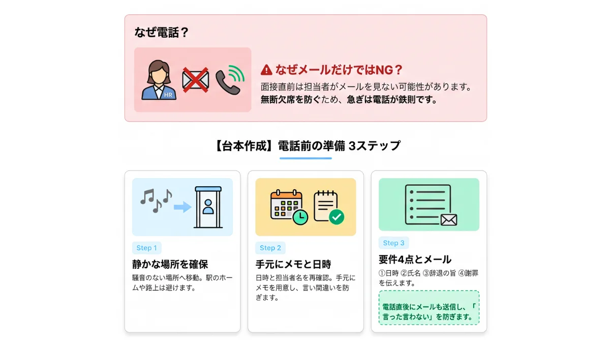 緊急事態!「前日・当日」の辞退マナーと電話スクリプト