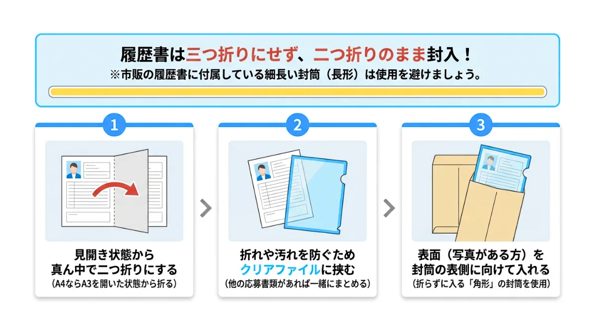 履歴書は三つ折りにせず、二つ折りのまま封入する