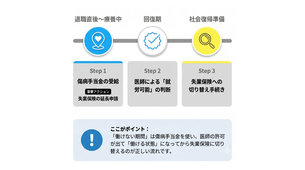 正解は「傷病手当金」が先！回復後に「失業保険」へ切り替え